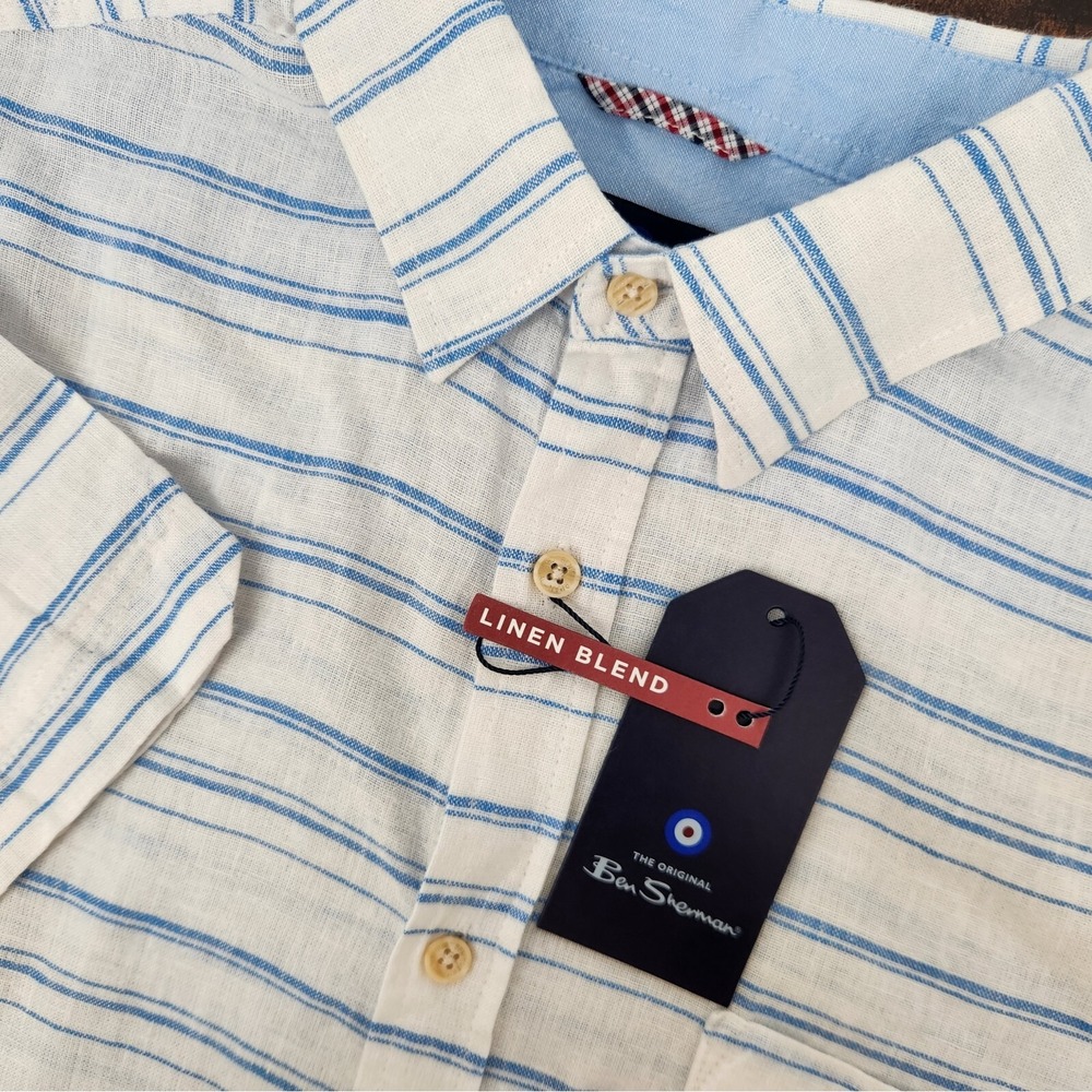 NWT Ben Sherman Mens SS Button Front Linen Rayon White Blue Stripes Small‎